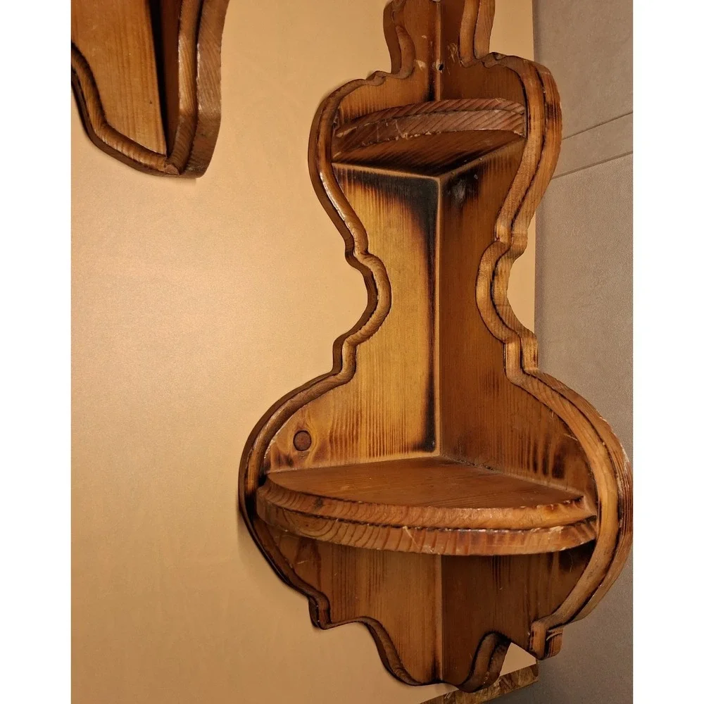 2 Vintage Carved Wood Corner Wall Shelfs W/Two Tiers